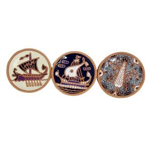 Vintage Set of 3 Handmade Plates By Bonis Pottery In Rhodes Greece Viking Boats